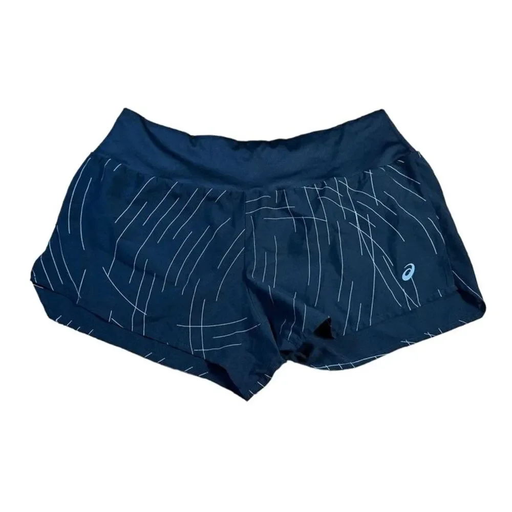 ASICS Women's Athletic Running Shorts Navy Blue Geometric‎ Pattern XL no liner